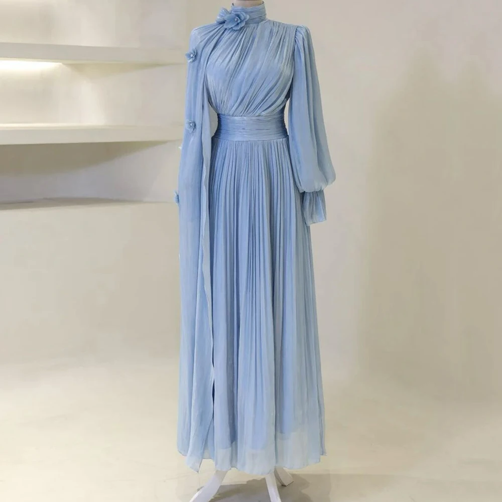 

Customized A-line Evening Dresses Floor-length High-neck Full Sleeve Prom Gown Fashion Crystal Flowers Simple Draped Party Gown