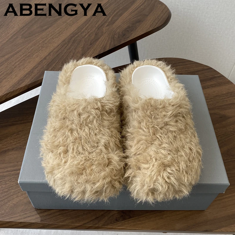 2025 Autumn Winter Warm Wool Flat Slippers Women Round Wrap Toe Slip-On Lazy Mules Female Casual Fur Slides Shoes Zapatos Mujer