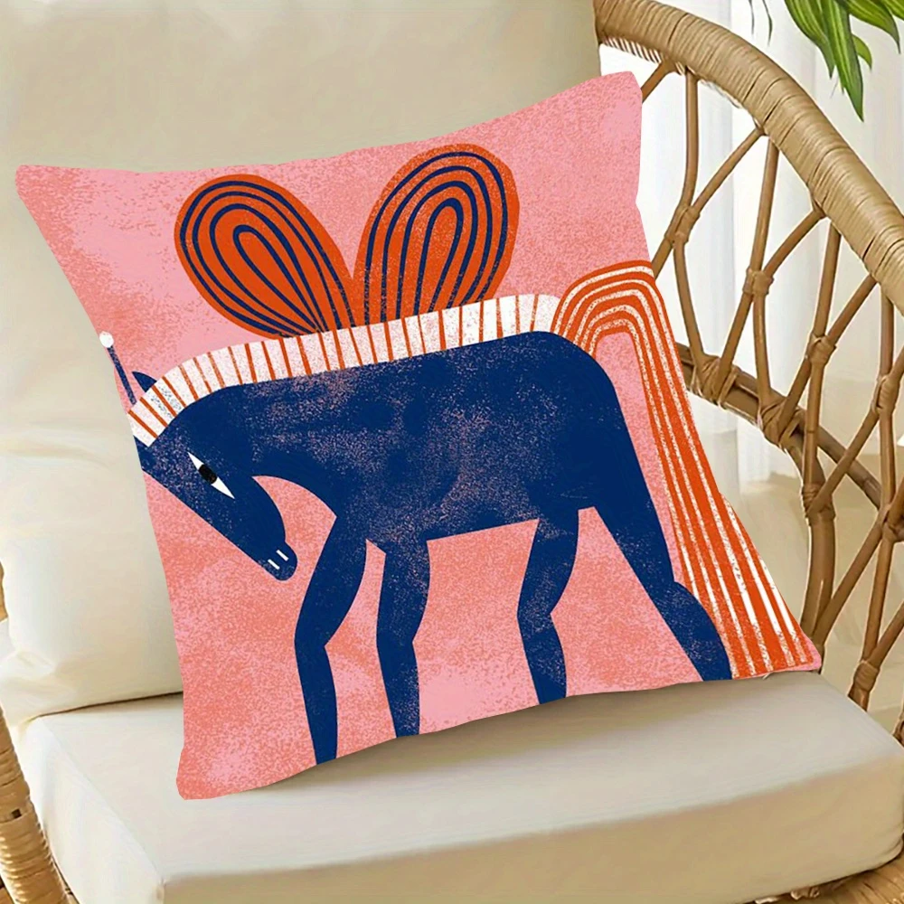 1pc Bohemian Living Room Pillow Cover, Polyester 2D Double-Sided Print Cushion Case, Abstract Folk Horse Art Throw Pillowcase fo