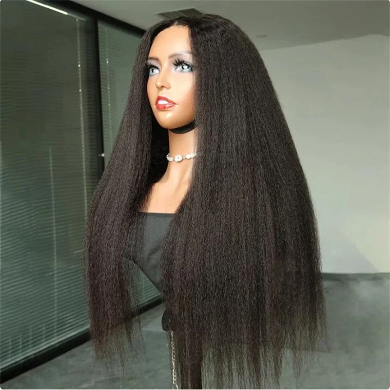 Black Yaki Kinky Straight Soft 26''Long180Density Glueless Heat Resistant Lace Front Wig For Women Babyhair Preplucked Daily Wig