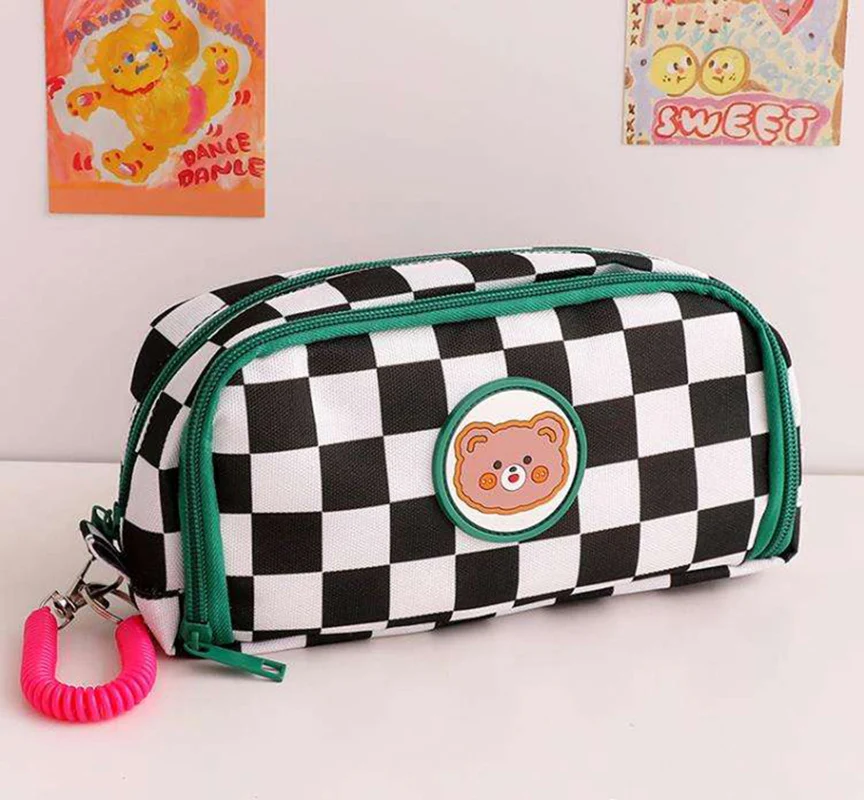 Kawaii Pencil Case Large Capacity Ins Style Checkerboard Pencil Bags Korean Aesthetic Stationery for Students Office Supplies