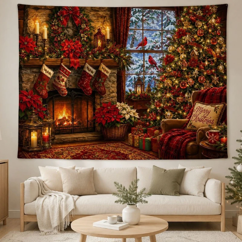 VIKAMA Christmas Fireplace Cat Wall Tapestry Xmas Tree Gift Teddy Bear Cozy Home Decor Rustic Charm Soft Durable Aesthetic Retro