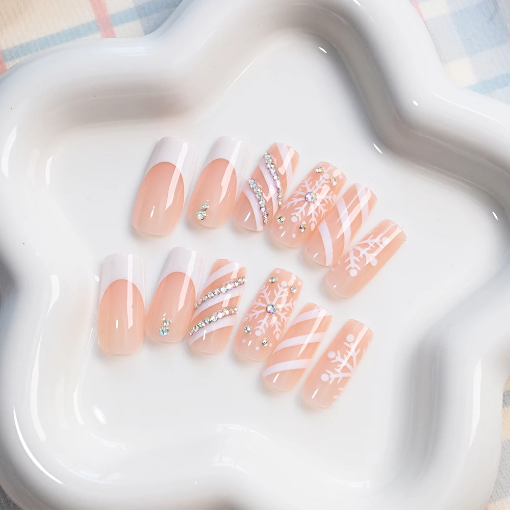 24 stuks lange ballet opdruknagels met vonkende strass steentjes winter witte sneeuwvlok ontwerp nepnagels Franse strepen kunstnagels *