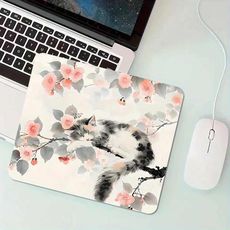 Phalaenopsis 고양이 패턴 사각 마우스 패드, 미끄럼 방지 고무, 내구성, 세탁 가능, 고품질, 게이머 및 기숙사에 적합