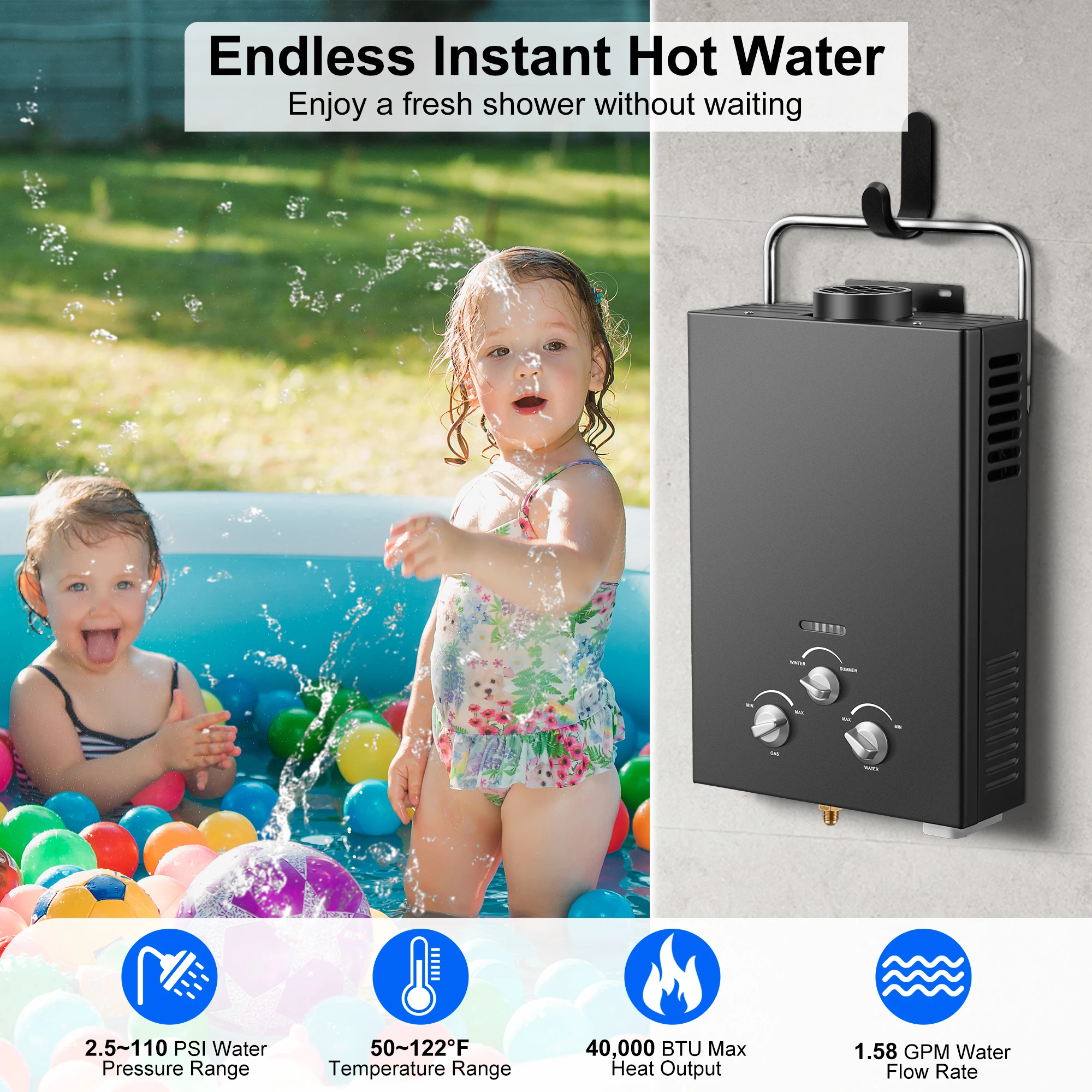 6L Portable Natural Gas , 1.58GPM Instant Hot Shower for Camping/RV, 40K BTU, Tankless Water Heater