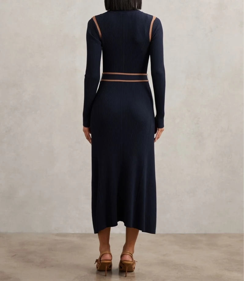 Original Boutique Colourblock Rib-Knit Midi Dress in Navy/Camel XS-L