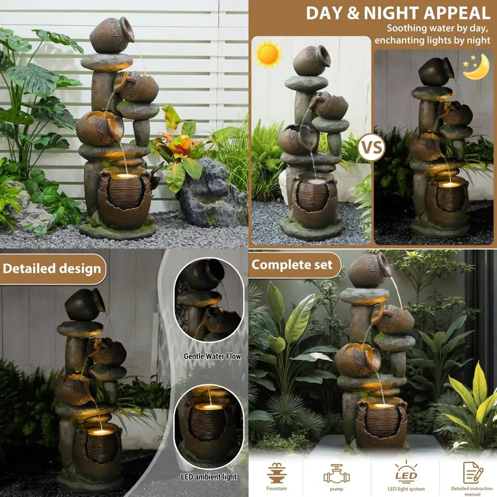 

"led illuminated outdoor fountain, 48.43" tall garden water feature - resin and fiberglass freestanding for patio or backyard"