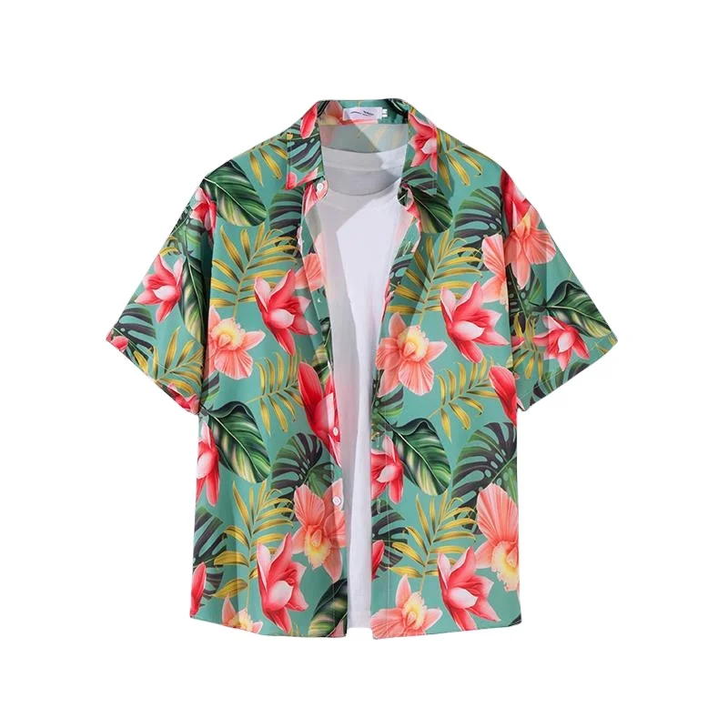 Men's Summer Seaside Vacation Short Sleeve Flower Shirt Handsome Hawaiian Travel Retro Loose Casual Beach Floral Shirt Coat