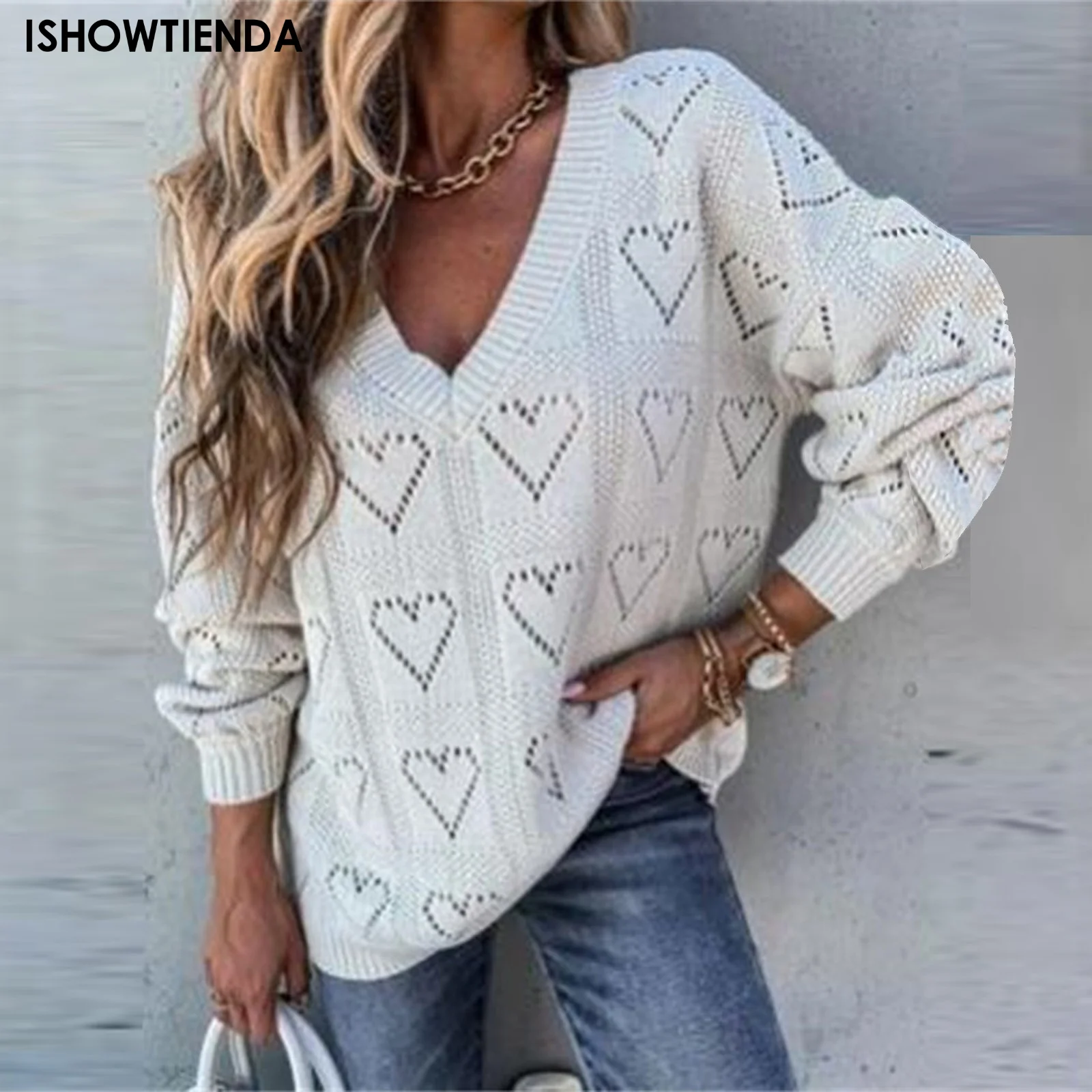 V-neck Pullover Sweater Women Autumn Winter Love Heart Hollow Crochet Sweater Print Loose Knitwear Jumper Women's Clothing