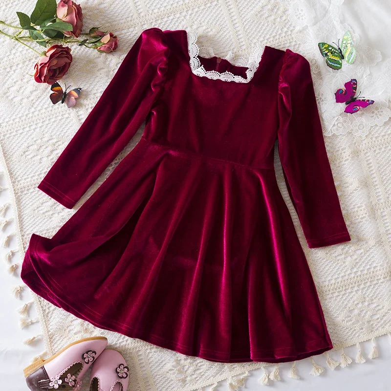 New Princess Girls Velvet Lace Retro Dress Autumn Winter Solid Kids Birthday Party Dress Children Christmas Clothes for 3-8 Yrs