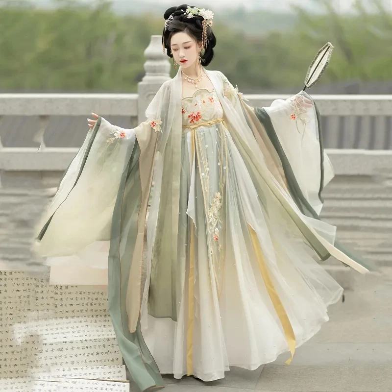 2025년 한복 여성 데일리 중국 전통 의상 당나라 스타일 빨간색 허리 길이 긴팔 슈트 드레스 의상