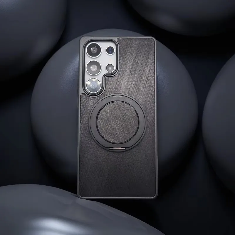 360° Rotating Bracket Magnetic Gold Wire Texture Phone Case For Samsung Galaxy S25 Ultra Plus Magsafe Shockproof Protect Cover