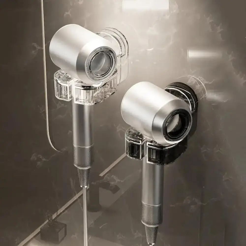 حامل مجفف شعر شفاف ، مثبت على الحائط ، خالي من الثقب ، رف مجفف النفخ ، كوب شفط دوار ، قوس تخزين ، منزل