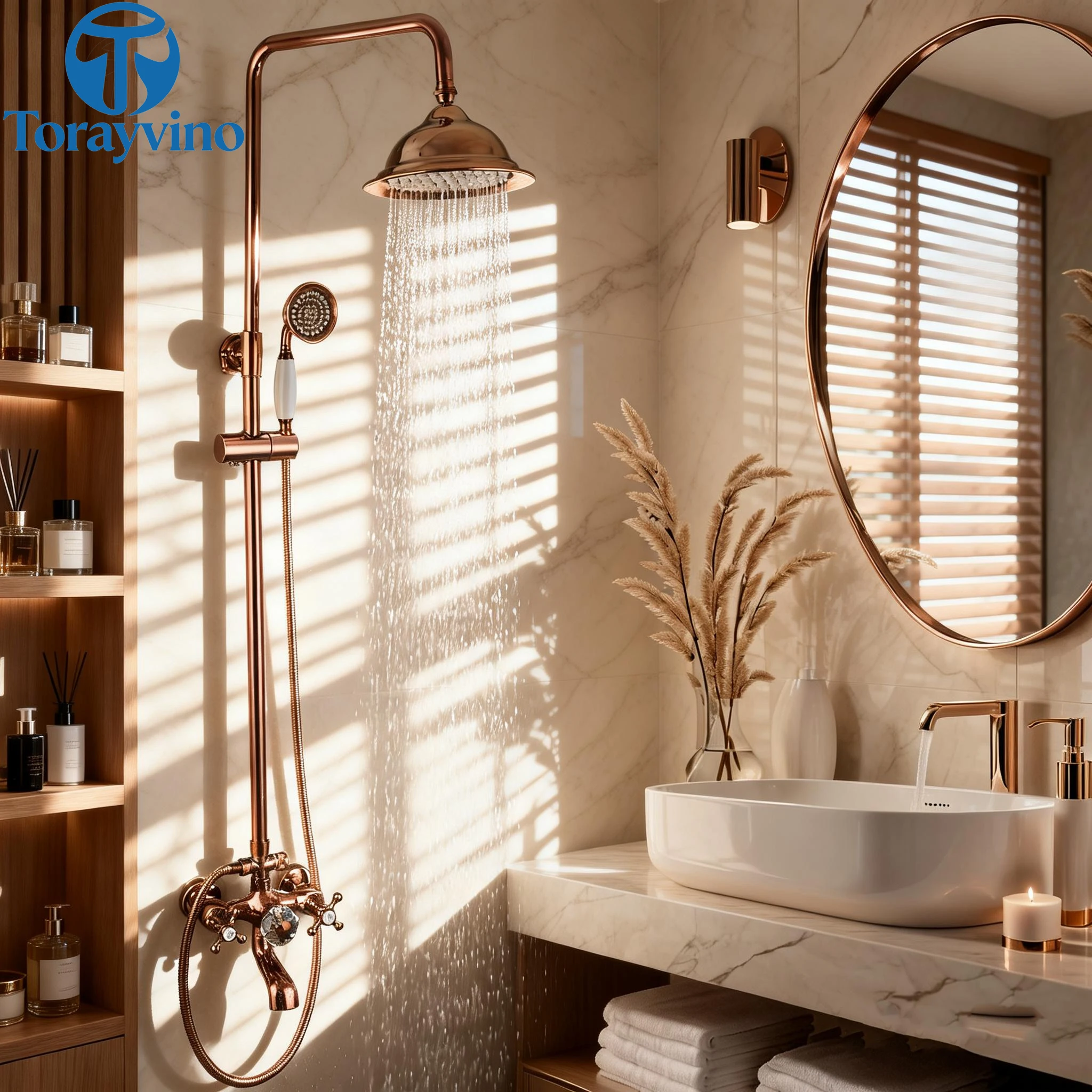 

Torayvino Rose Gold Bathroom Shower Faucet 8" Stainless Steel Rainfall Shower System Set Handshowe Wall Mount 2 Handle Mixer Tap