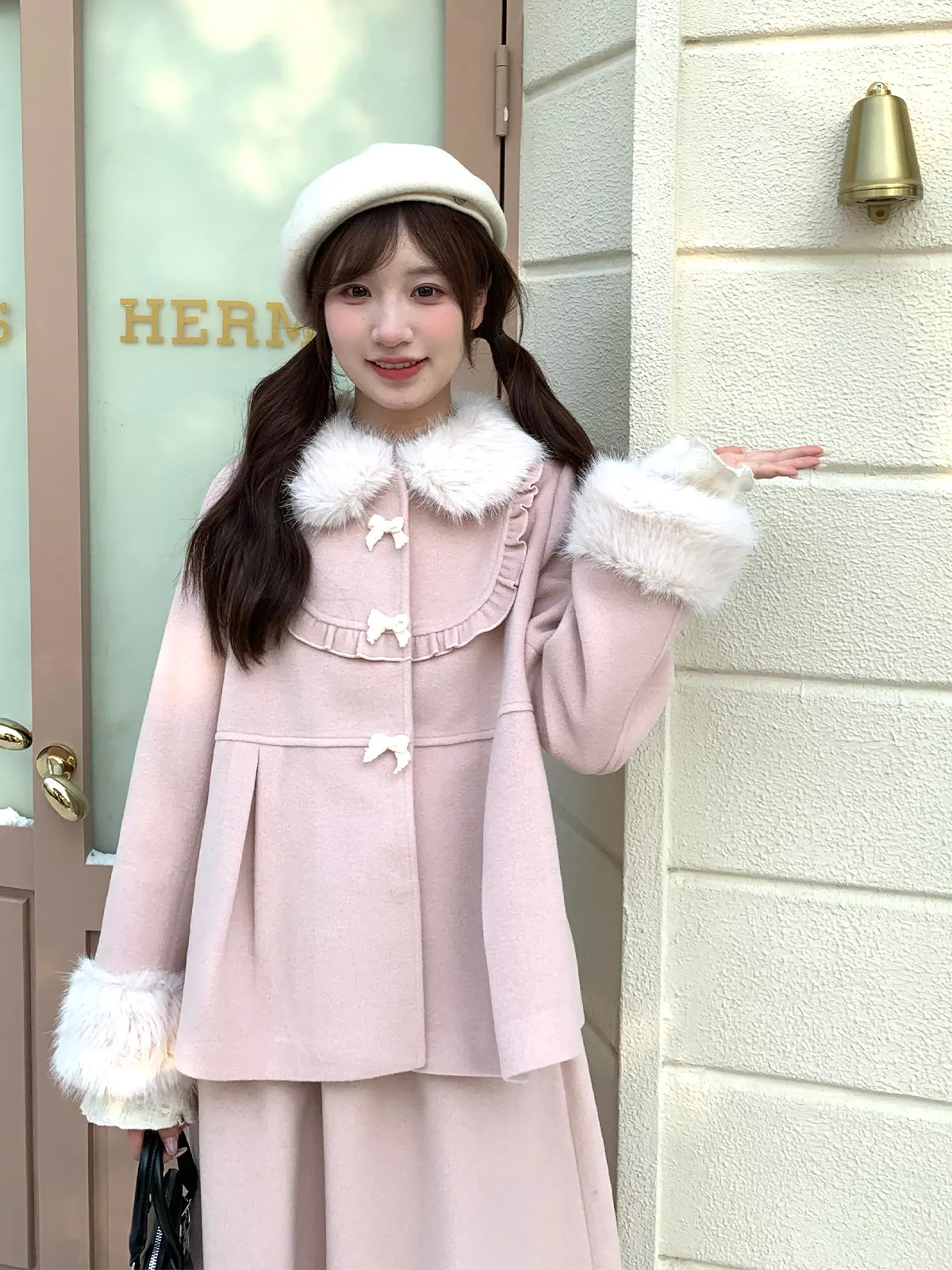 Sweet Cute Girl Plush Bow Woolen Suit Autumn Winter Thickened Warm Japanese Original Lolita Coat Jacket