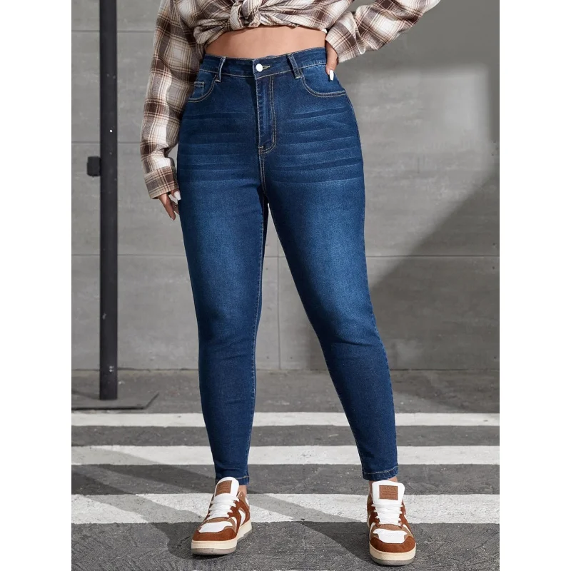 Cross-Border European and American plus Size Denim Skinny Pants Dark Blue Elastic Fat GirlTEMUAmazonSHEINOverseas Warehouse Deli