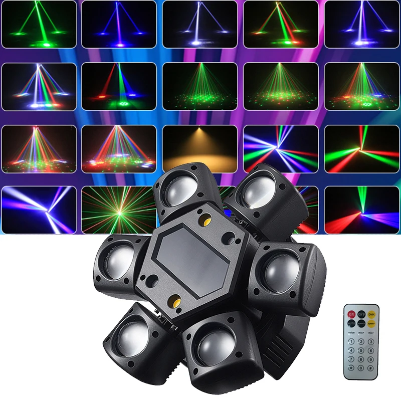 Six Arms RGBW LED Beam Moving Head Light DMX Pattern Strobe  Stage Lighting Remote Control Disco Halloween Xmas DJ Lights