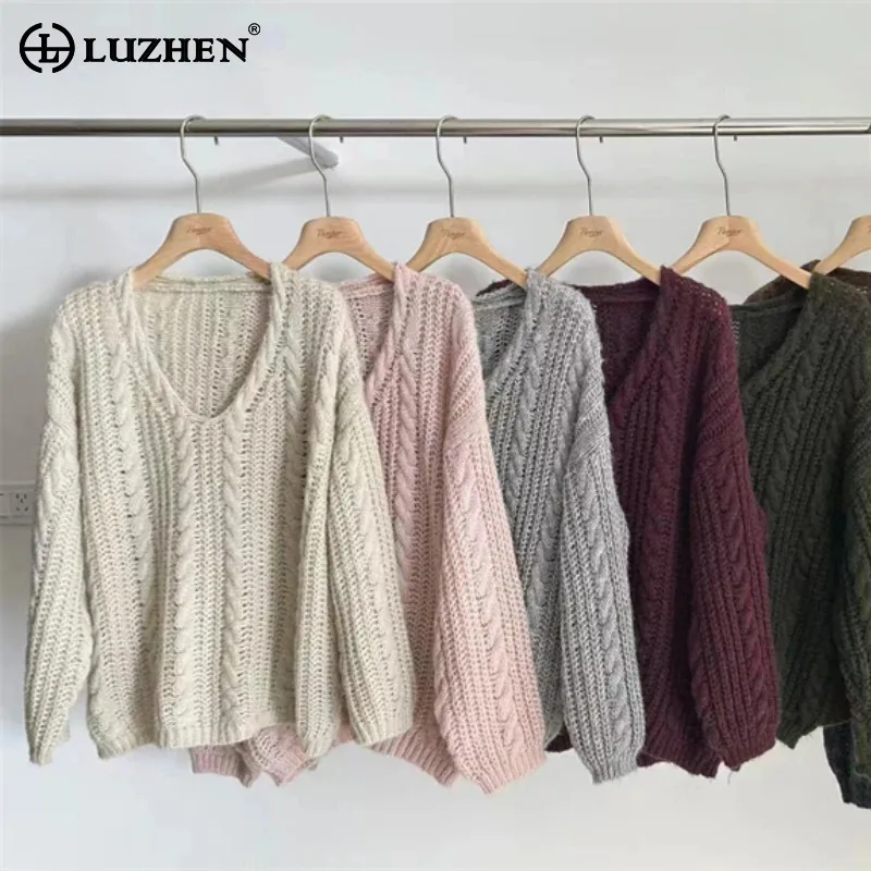 LUZHEN French Style V-neck Knitwear Women 2024 Autumn New Loose Sweater Tops Original Solid Color Casual Female Pullover AA1766