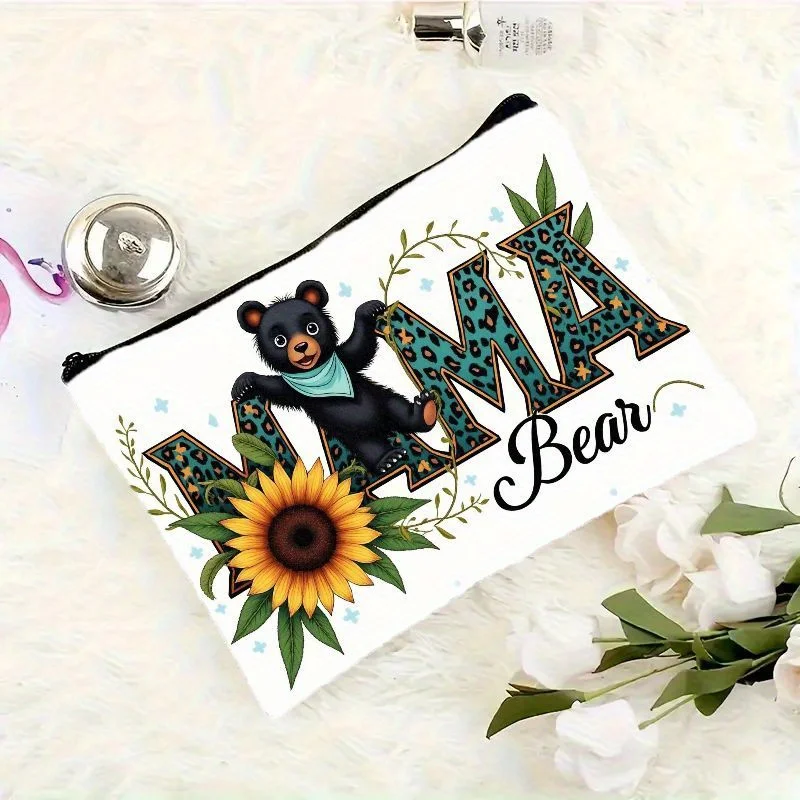 2D Flat Cute Mama Bear & Sunflower Leopard Print Cosmetic Bag- Portable Makeup Pouch Organizer for Women,