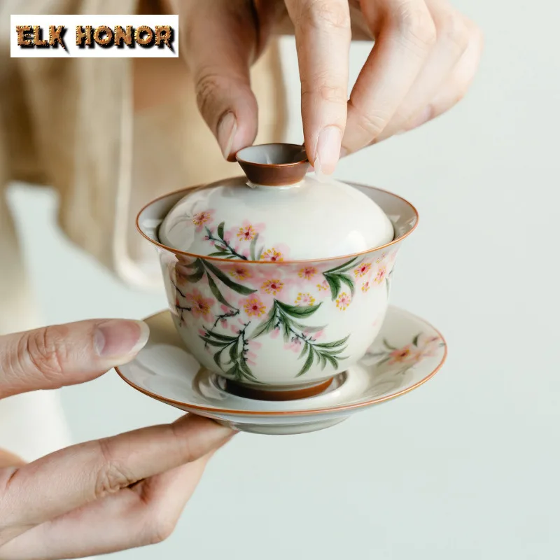 120ml Plant Ash Hand-painted Peach Blossom Gaiwan Retro Tea Tureen Tea Bowl With Lid Kit Tea Maker Cover Bowl Teaware Decoration