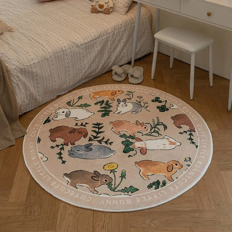VIKAMA Cute Little Bunny Round Rug,Soft Non‑Slip Floor Mat,Floral Rabbit Print Decor Carpet for Bedroom Kids Room Home Indoor