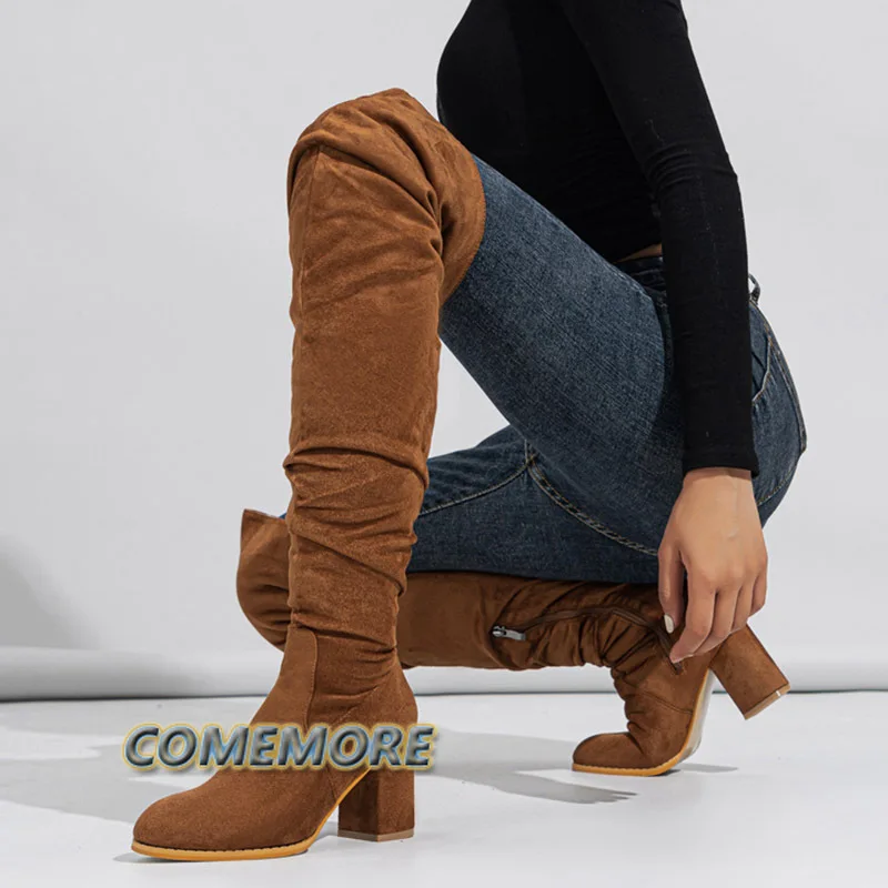 2023 New Fashion Round Toe Zip Thigh High Boot Women Autumn Winter Casual Chunky Heels Motorcycle Over The Knee Shoe Botas Mujer