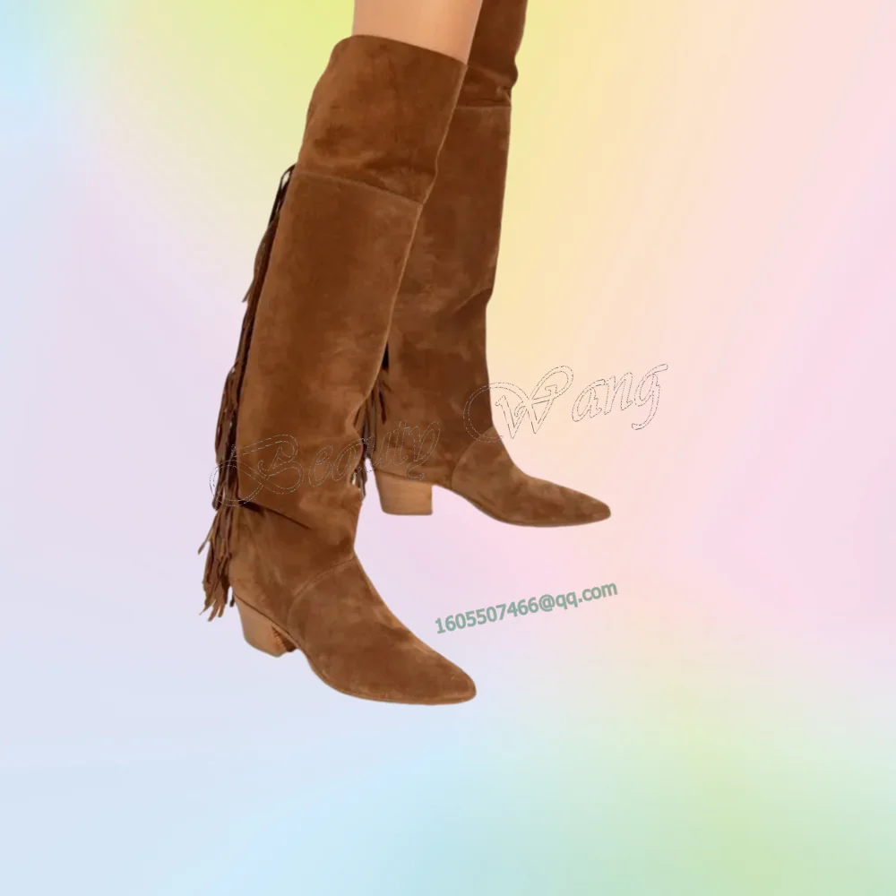 

Brown Back Fringe Decor Boots Heel Novel Style Shoes Pointed Toe Stilettos High Heels for Women Shoes New Zapatos Para Mujere