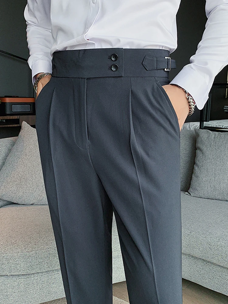 

Мужские брюки прямого кроя в стиле кэжуал, зауженные, с высокой талией, в неаполитанском стиле, модные, городские, весна-лето