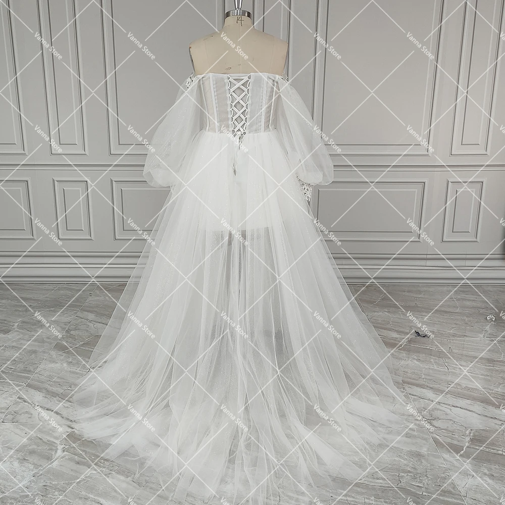 Vestidos de novia camisero transparentes con mangas largas de obispo personalizados, escote en forma de corazón, apliques de cuentas de Dubái, Fotos reales, vestido de novia