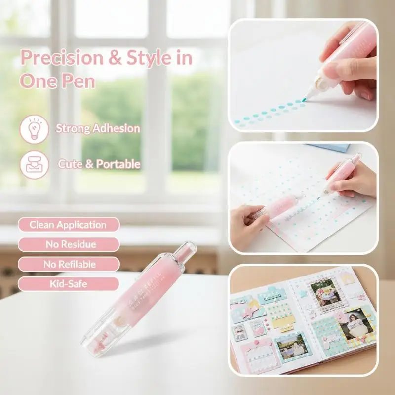 5m 360 Rotatable Dots Glue Roller Refillable Double Sided Adhesive Tape Pen for Handmade Craft Gift Wrapping Use