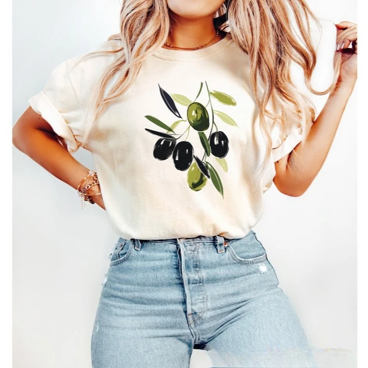 

2025 Olive Branch Unisex Cotton Tshirt Summer Round Neck Casual Top with Peace Dove Embroidery Design for Men and Women Tops
