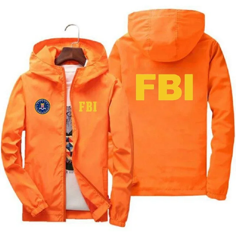 Spring and fall fashion new FBI printed men's outdoor windproof sun protection jacket casual loose sports hooded trench coat