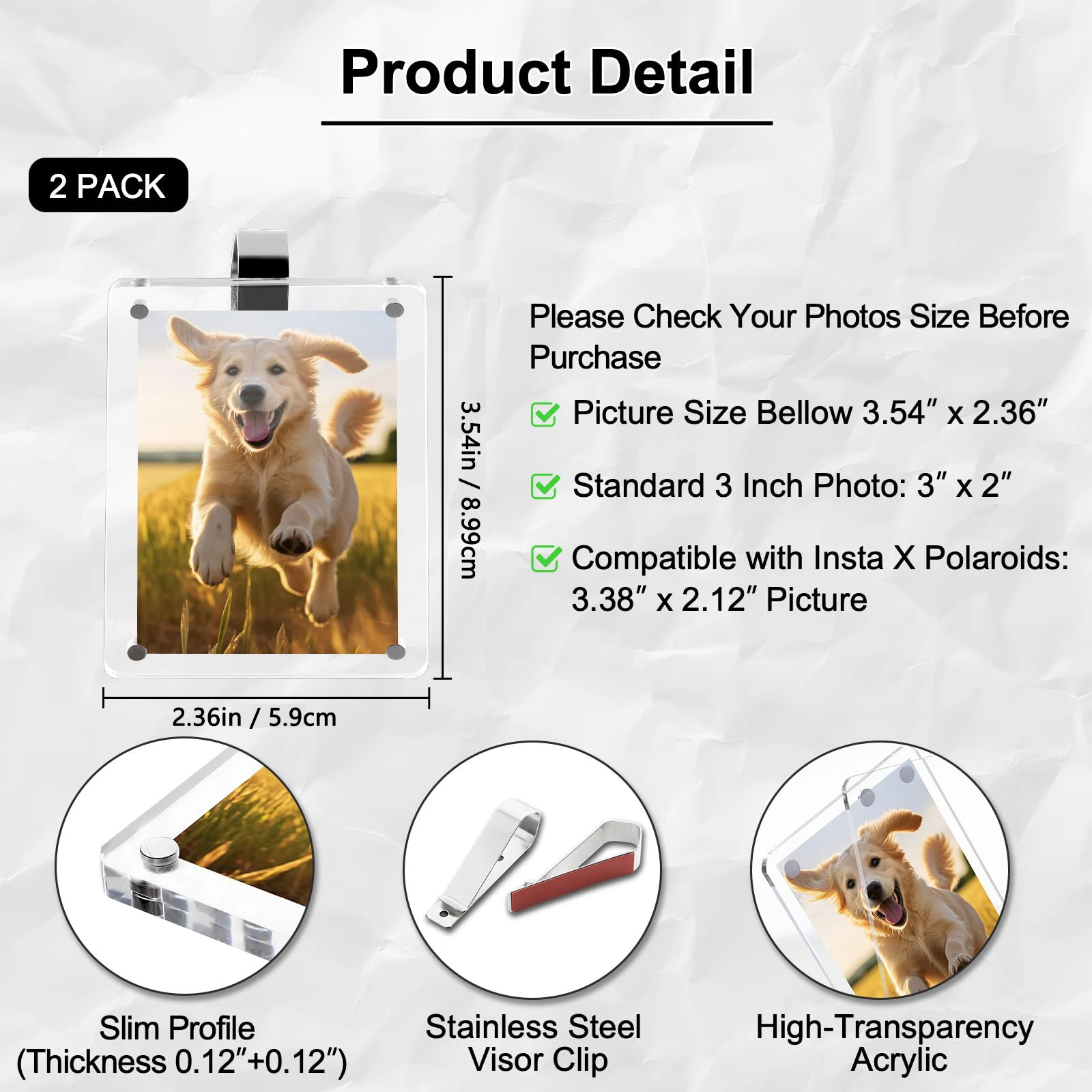 2PCS Car Picture Frame Magnetic with Sun Visor Clip Photo Holder Character Display for Polaroid Pictures Universal Acrylic