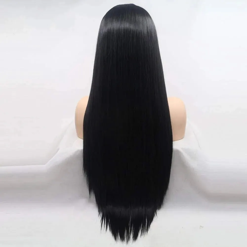 

Черные парики Синтетические черные парики фронта шнурка Длинные шелковистые прямые парики Парики из термостойкого волокна 24 дюйма