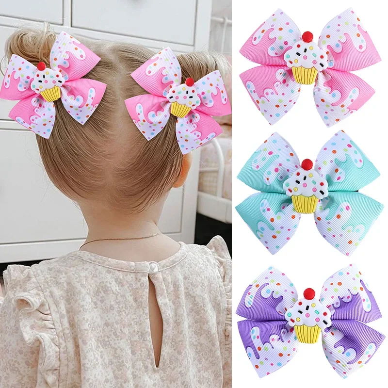 Oaoleer 2Pcs/set Sweet Girls Hair Bow Clips For Children Cute Ribbon Dessert Hairpin Barrette Kids Headwear Hair Accessories