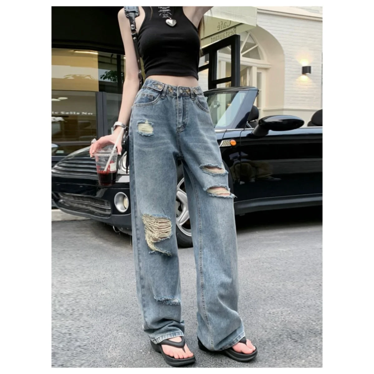 American Retro Ripped Women's Straight Leg Jeans High Street Y2K Denim Trouser Hot Girl Style Casual Mopping Long Pants New