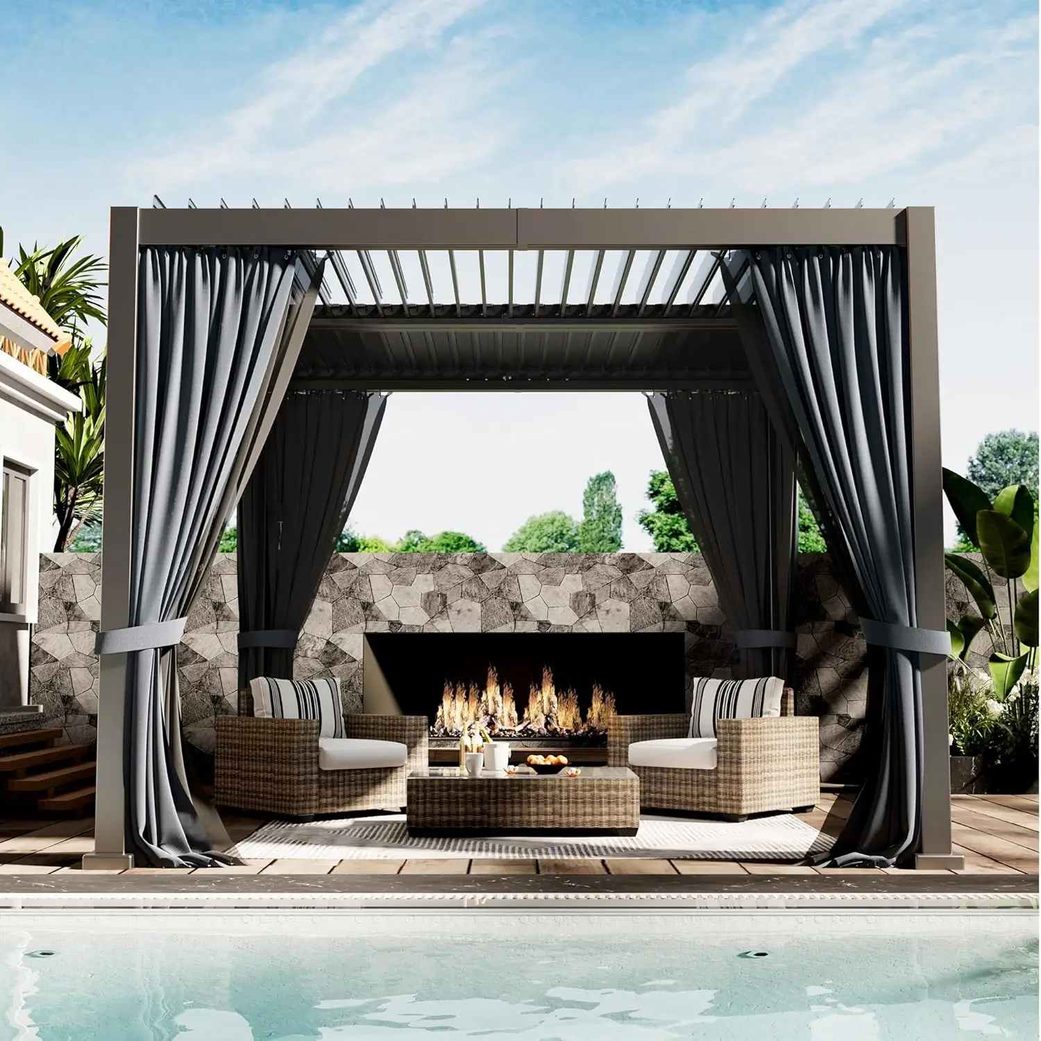 

10'x10' Metal Pergola, Outdoor Patio Pergola with Hardtop Roof,Aluminum Pergolas with Curtains,Waterproof Gazebo, Customized