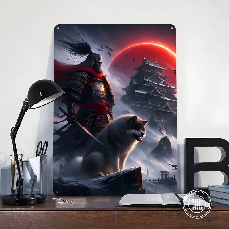 Samurai Warrior and Castle Under Red Moon Metal Poster Perfect Gift for Fans Lovers Personalized Wall Art Metal Sign for Decor