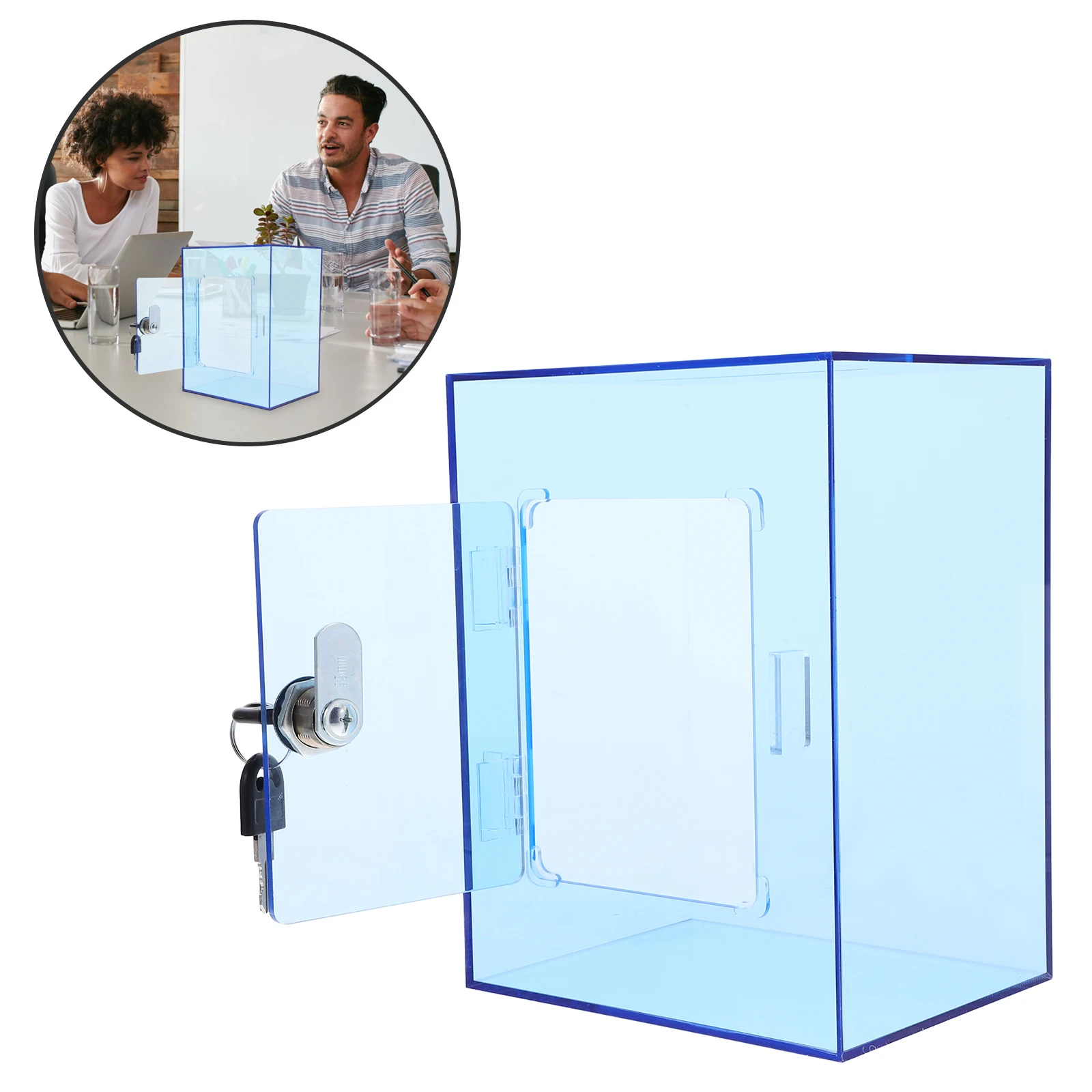 

Clear Acrylic Money Box with Lock Large Piggy Bank for Coins Tips Raffle Tickets Donations Cash Savings Storage Jar Blue