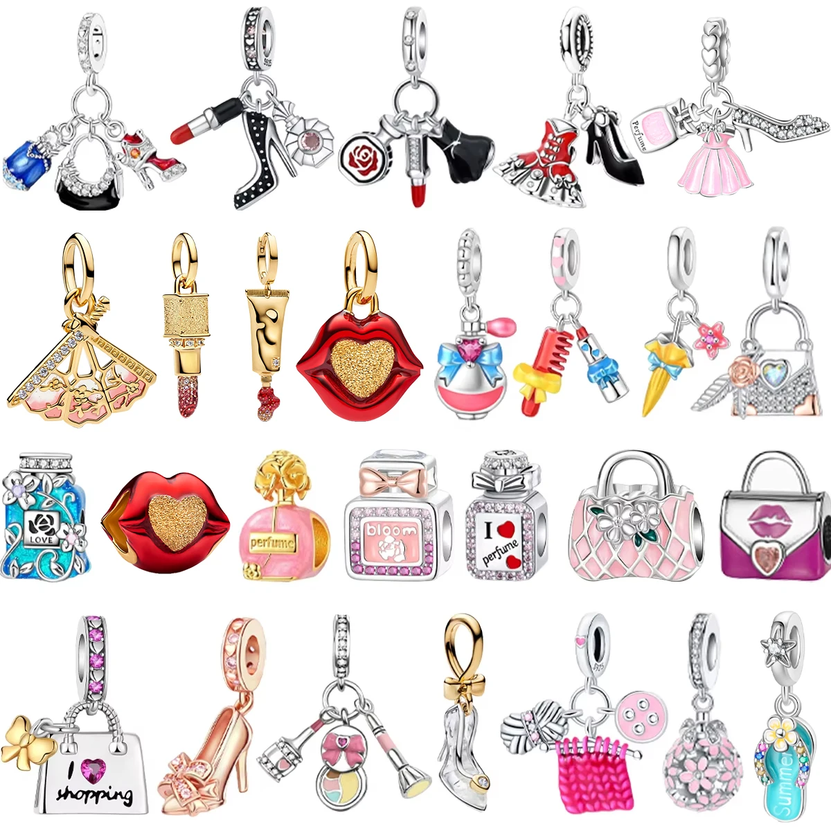 Original 925 Sterling Silver Charms High Heels Lipstick Perfume Bag Beads Pendant Bracelets Necklaces Women DIY Jewelry Gift