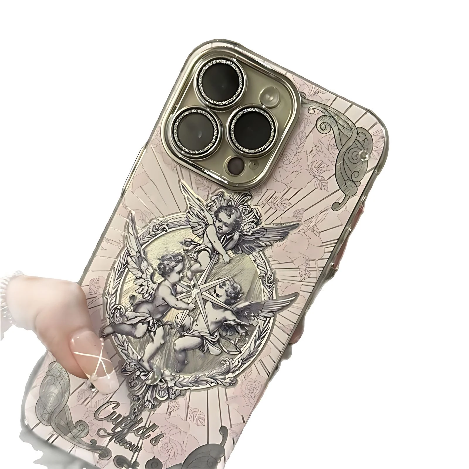 Funda de teléfono de la Edad Media Retro Cupid para iPhone, 15, 14 Plus, 13, 12, 11 Pro Max, X, Xs, XR, 8, 7, textura de plumas, cubierta dura