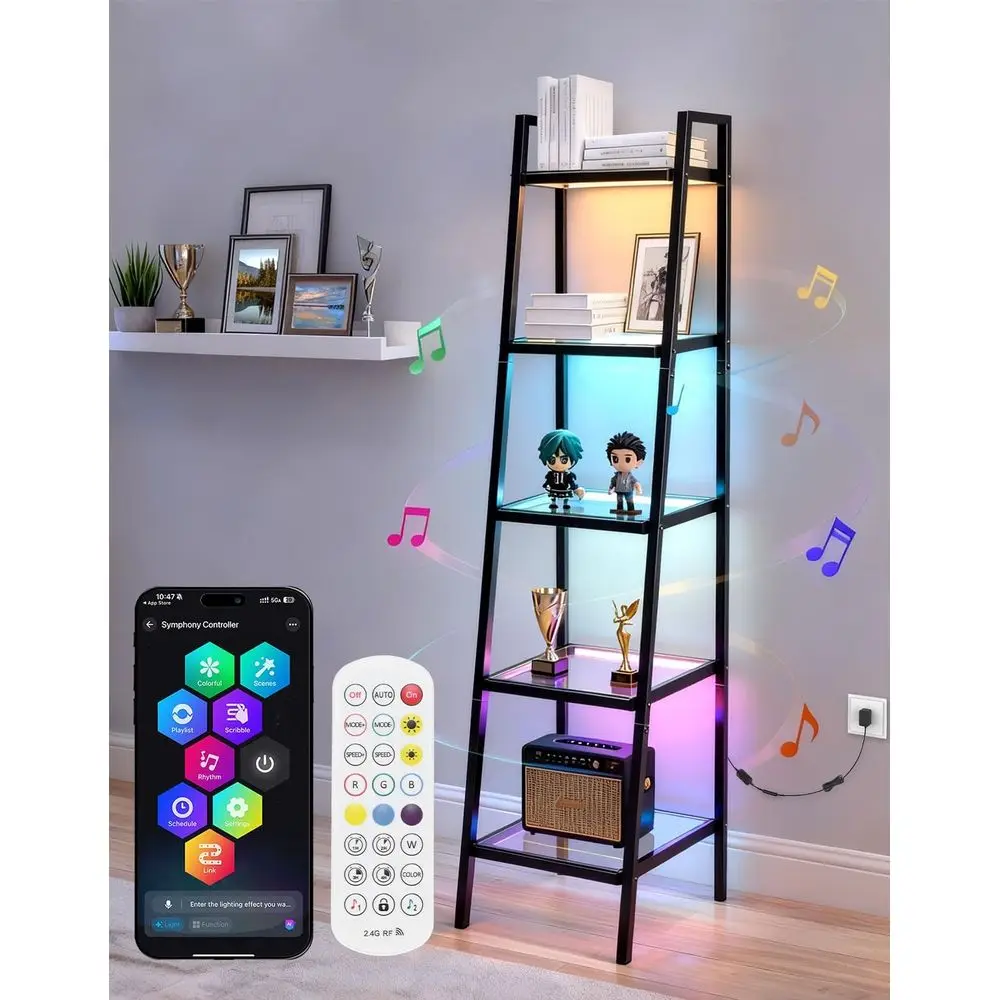 Estantería de Vidrio de 5 Niveles con Luz RGB, Librería Tipo Escalera de 67 Pulgadas, Sincronización con Música y 3 CCT, Regulable por App/Control Remoto, Almacenamiento Independiente