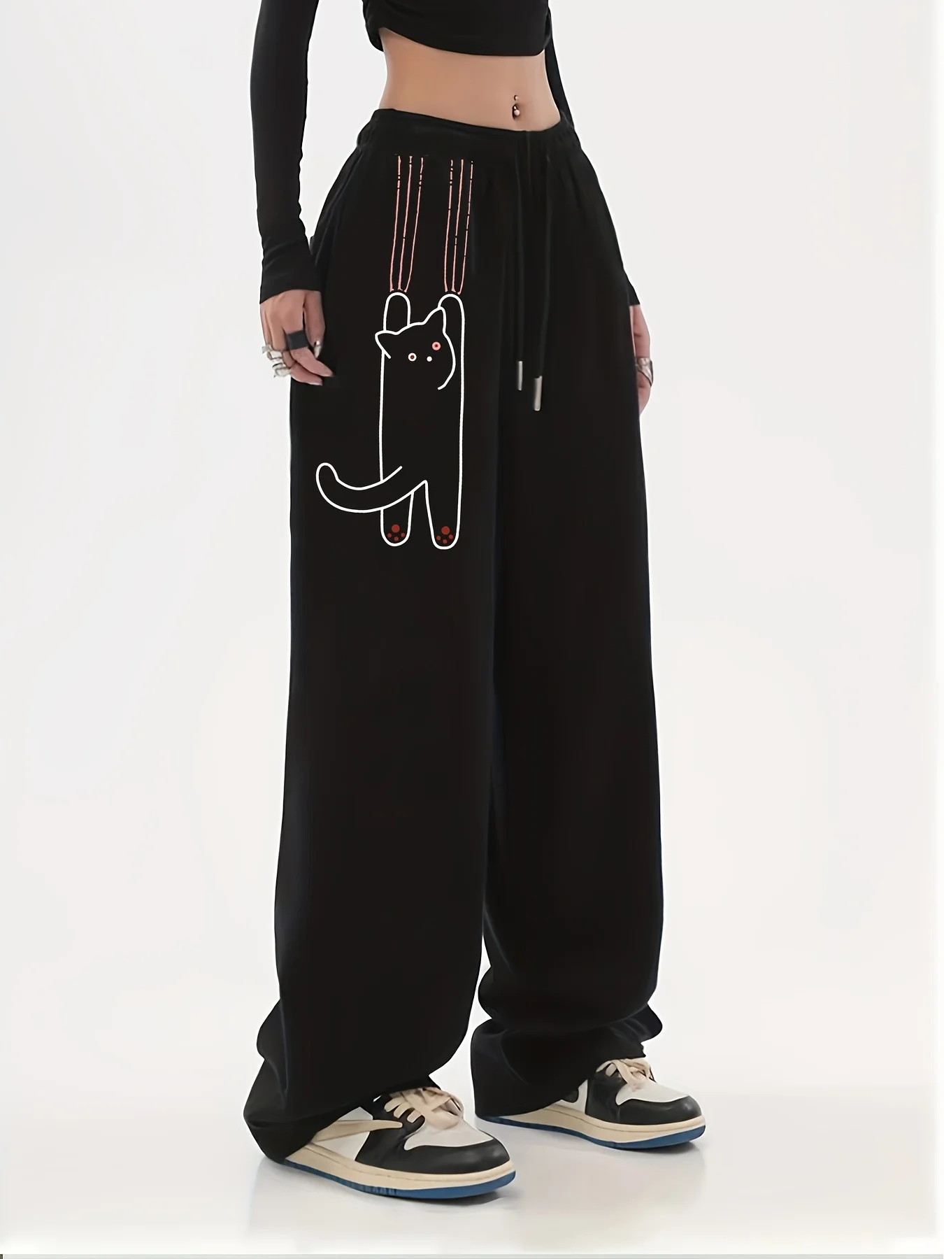 

Женские повседневные спортивные штаны больших размеров в уличном стиле с кошачьим принтом, осенне-зимние флисовые свободные уличные брюки большого размера