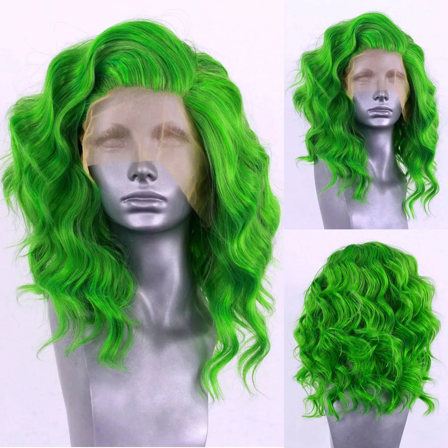 Green Wig Short Bob Body Wave Lace Front Wig 14 Inches 180 Density 13x4 HD Pre Plucked Synthetic Glueless High Quality Cosplay