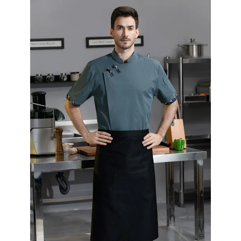 สไตล์จีน Chef Overalls แขนสั้นโรงแรมโรงอาหารร้านอาหารห้องครัว Breathable Chef Uniform ฤดูร้อน Stretchlogo