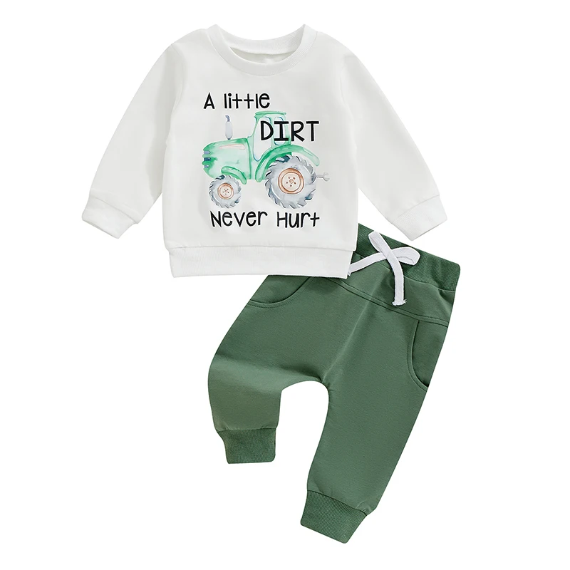 Toddler Boy Fall Farm Clothes Tractor Letter Print Long Sleeve Crew Neck Pullover with Solid Color Pants 2Pcs Outfits