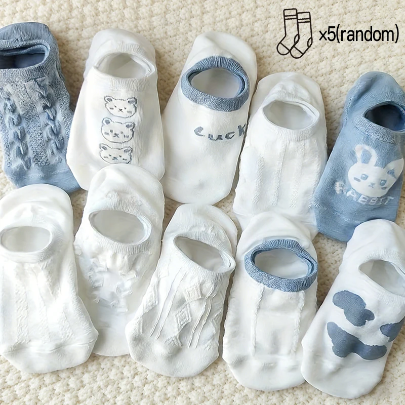 5 Pairs Of Spring And Summer Women's Letter Sweet And Cute Cartoon Teddy Bear/Rabbit Versatile Casual Shallow Mouth Boat Socks