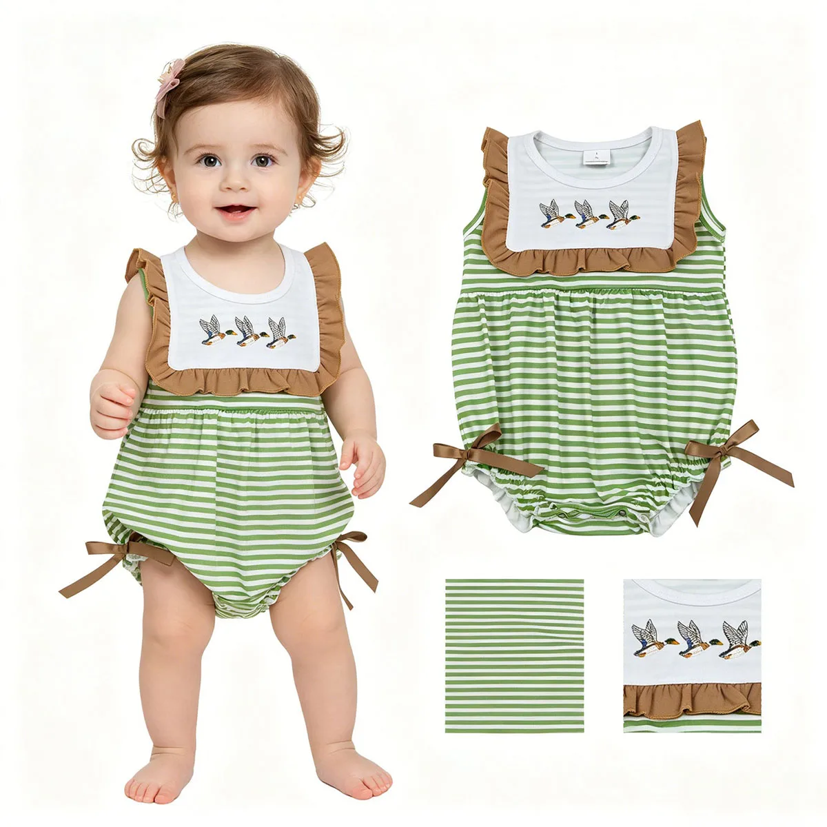 Newborn Comfy Embroidery Ducks Baby Girls Sleeveless Green Stripe Ruffle Rompers Toddler Infant Jumpsuit Kids Onesies Wholesale