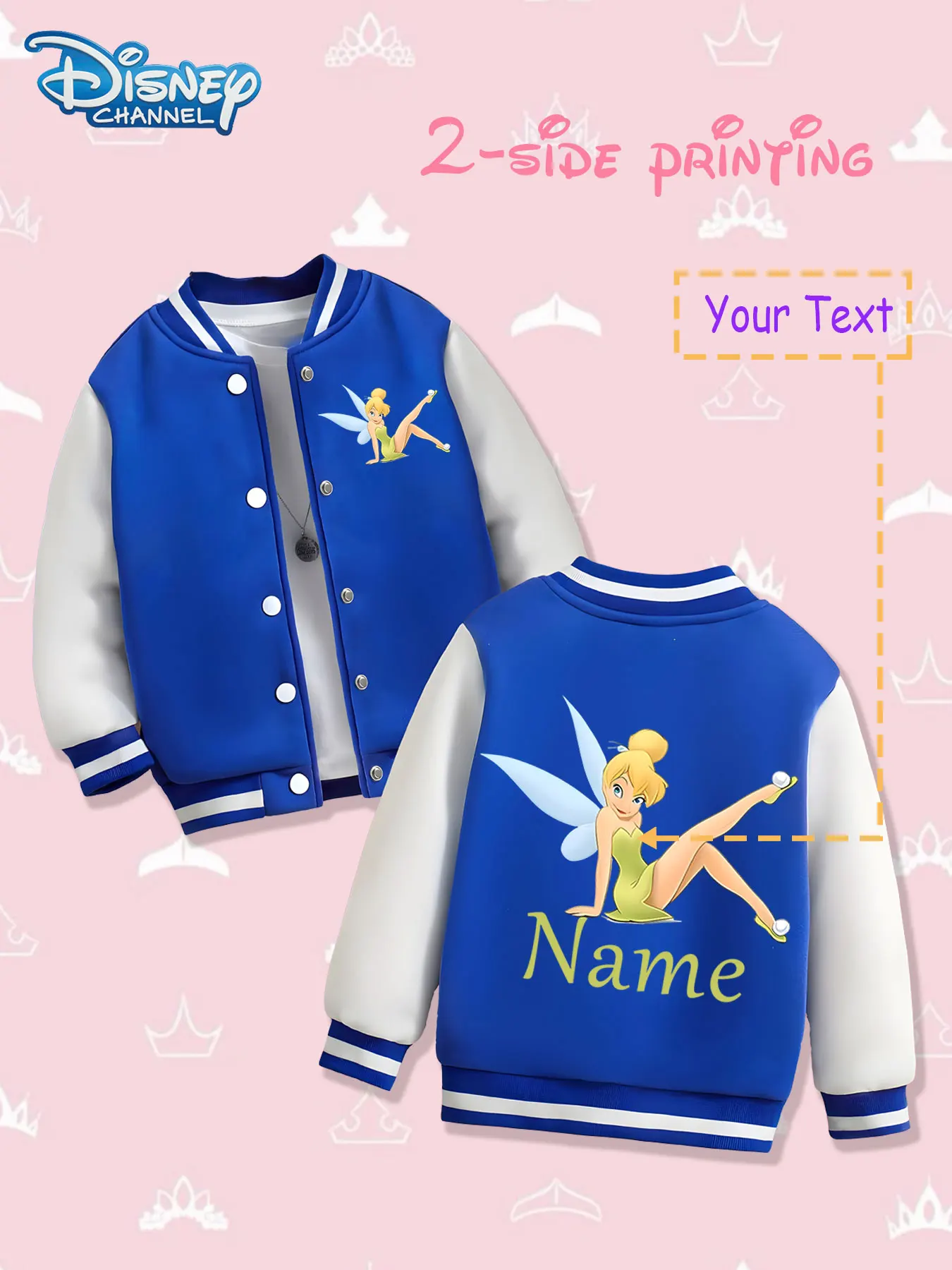 MINISO Disney Tinker Bell Kids Baseball Jacket - Double-sided print with Tinker Bell's classic action shape, conveying the vital