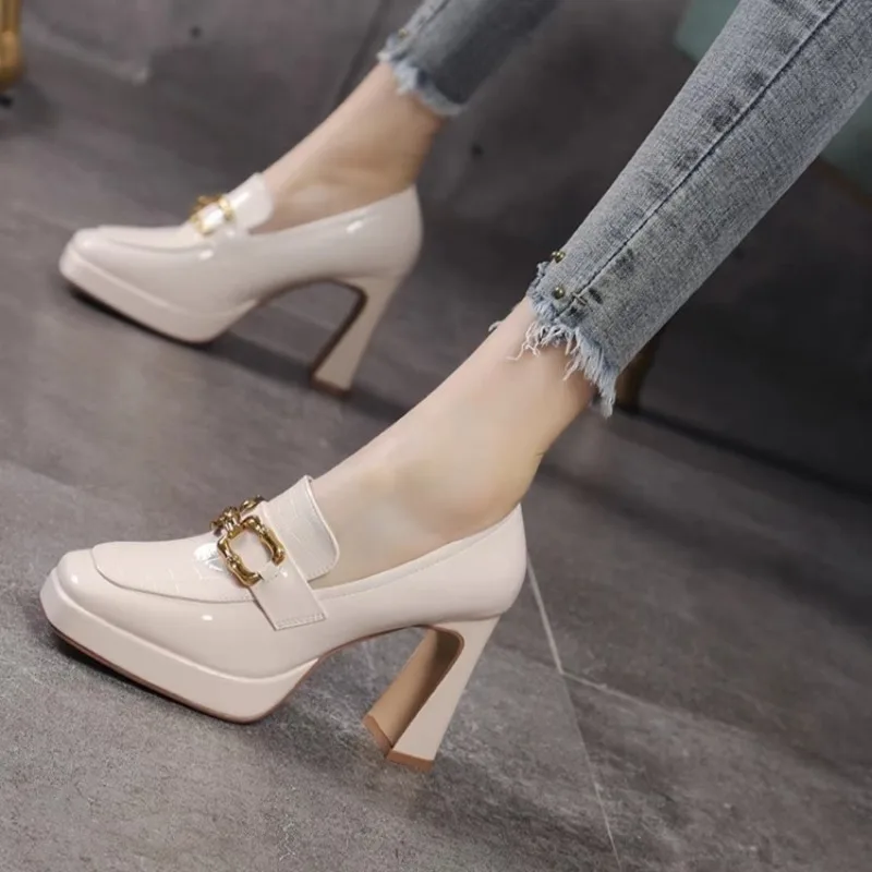 

Spring Fashion High Heels Autumn New Women Chunky Platform Pumps British Style Woman Slip on Square Toe Office Lady Work Shoes